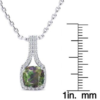 2 Carat Cushion Shape Mystic Topaz Necklace With Diamond Halo In 14 Karat White Gold, 18 Inches