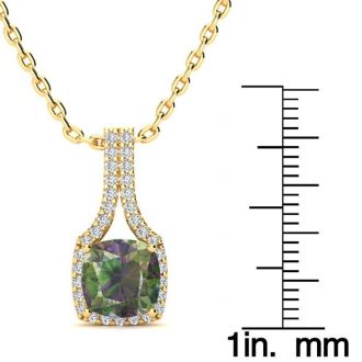2 Carat Cushion Shape Mystic Topaz Necklace With Diamond Halo In 14 Karat Yellow Gold, 18 Inches