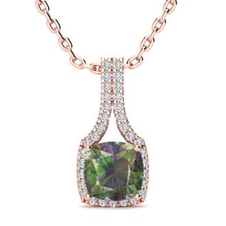 2 Carat Cushion Shape Mystic Topaz Necklace With Diamond Halo In 14 Karat Rose Gold, 18 Inches