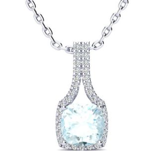 Aquamarine Necklace: Aquamarine Jewelry: 2 Carat Cushion Cut Aquamarine and Classic Halo Diamond Necklace In 14 Karat White Gold, 18 Inches