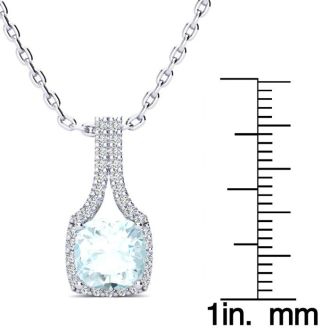 Aquamarine Necklace: Aquamarine Jewelry: 2 Carat Cushion Cut Aquamarine and Classic Halo Diamond Necklace In 14 Karat White Gold, 18 Inches