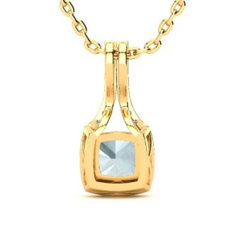 Aquamarine Necklace: Aquamarine Jewelry: 2 Carat Cushion Cut Aquamarine and Classic Halo Diamond Necklace In 14 Karat Yellow Gold, 18 Inches