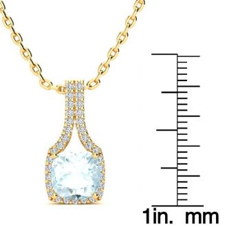 Aquamarine Necklace: Aquamarine Jewelry: 2 Carat Cushion Cut Aquamarine and Classic Halo Diamond Necklace In 14 Karat Yellow Gold, 18 Inches