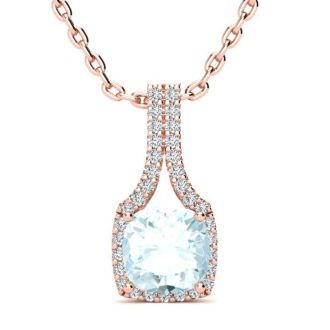 Aquamarine Necklace: Aquamarine Jewelry: 2 Carat Cushion Cut Aquamarine and Classic Halo Diamond Necklace In 14 Karat Rose Gold, 18 Inches