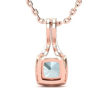 Aquamarine Necklace: Aquamarine Jewelry: 2 Carat Cushion Cut Aquamarine and Classic Halo Diamond Necklace In 14 Karat Rose Gold, 18 Inches