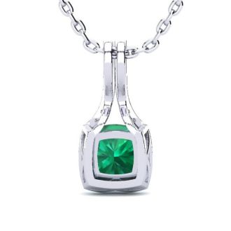 2 Carat Cushion Shape Emerald Necklaces With Diamond Halo In 14 Karat White Gold, 18 Inch Chain