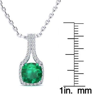 2 Carat Cushion Shape Emerald Necklaces With Diamond Halo In 14 Karat White Gold, 18 Inch Chain