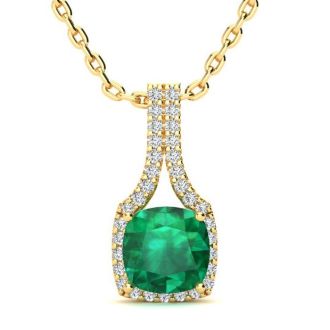 2 Carat Cushion Shape Emerald Necklaces With Diamond Halo In 14 Karat Yellow Gold, 18 Inch Chain