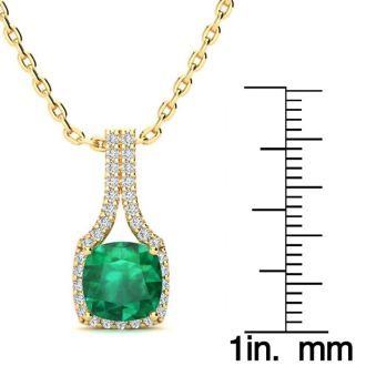 2 Carat Cushion Shape Emerald Necklaces With Diamond Halo In 14 Karat Yellow Gold, 18 Inch Chain