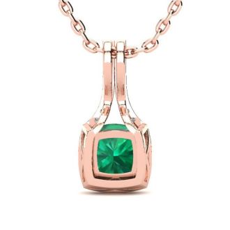 2 Carat Cushion Shape Emerald Necklaces With Diamond Halo In 14 Karat Rose Gold, 18 Inch Chain