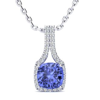 1 3/4 Carat Cushion Cut Tanzanite and Classic Halo Diamond Necklace In 14 Karat White Gold, 18 Inches
