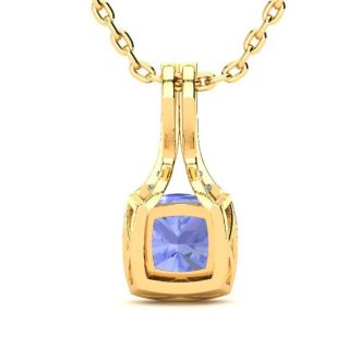 1 3/4 Carat Cushion Cut Tanzanite and Classic Halo Diamond Necklace In 14 Karat Yellow Gold, 18 Inches
