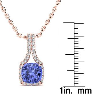 1 3/4 Carat Cushion Cut Tanzanite and Classic Halo Diamond Necklace In 14 Karat Rose Gold, 18 Inches