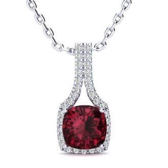 Garnet Necklace: Garnet Jewelry: 2 Carat Cushion Cut Garnet and Classic Halo Diamond Necklace In 14 Karat White Gold, 18 Inches