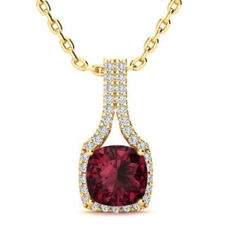 Garnet Necklace: Garnet Jewelry: 2 Carat Cushion Cut Garnet and Classic Halo Diamond Necklace In 14 Karat Yellow Gold, 18 Inches