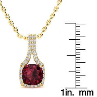 Garnet Necklace: Garnet Jewelry: 2 Carat Cushion Cut Garnet and Classic Halo Diamond Necklace In 14 Karat Yellow Gold, 18 Inches