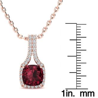 Garnet Necklace: Garnet Jewelry: 2 Carat Cushion Cut Garnet and Classic Halo Diamond Necklace In 14 Karat Rose Gold, 18 Inches