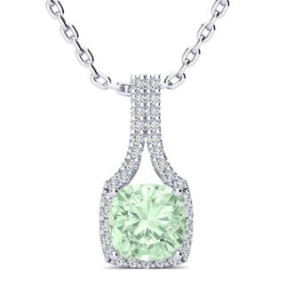 1 2/3 Carat Cushion Cut Green Amethyst and Classic Halo Diamond Necklace In 14 Karat White Gold, 18 Inches