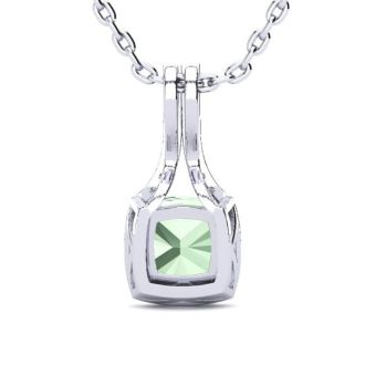 1 2/3 Carat Cushion Cut Green Amethyst and Classic Halo Diamond Necklace In 14 Karat White Gold, 18 Inches