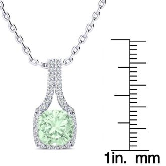 1 2/3 Carat Cushion Cut Green Amethyst and Classic Halo Diamond Necklace In 14 Karat White Gold, 18 Inches