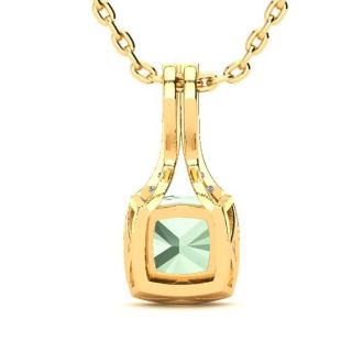 1 2/3 Carat Cushion Cut Green Amethyst and Classic Halo Diamond Necklace In 14 Karat Yellow Gold, 18 Inches