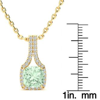 1 2/3 Carat Cushion Cut Green Amethyst and Classic Halo Diamond Necklace In 14 Karat Yellow Gold, 18 Inches