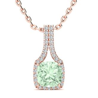 1 2/3 Carat Cushion Cut Green Amethyst and Classic Halo Diamond Necklace In 14 Karat Rose Gold, 18 Inches