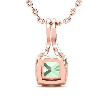 1 2/3 Carat Cushion Cut Green Amethyst and Classic Halo Diamond Necklace In 14 Karat Rose Gold, 18 Inches
