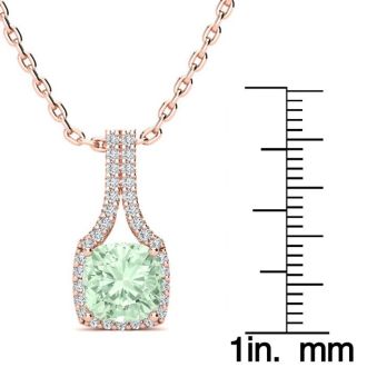 1 2/3 Carat Cushion Cut Green Amethyst and Classic Halo Diamond Necklace In 14 Karat Rose Gold, 18 Inches