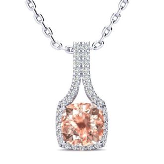 2 Carat Cushion Shape Morganite Necklace with Diamond Halo In 14 Karat White Gold With 18 Inch Chain