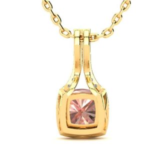 2 Carat Cushion Shape Morganite Necklace with Diamond Halo In 14 Karat Yellow Gold With 18 Inch Chain