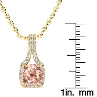 2 Carat Cushion Shape Morganite Necklace with Diamond Halo In 14 Karat Yellow Gold With 18 Inch Chain