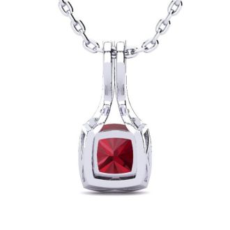 2 Carat Cushion Cut Ruby and Classic Halo Diamond Necklace In 14 Karat White Gold, 18 Inches