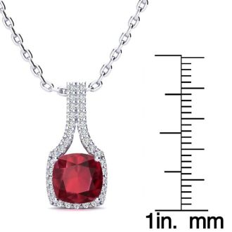 2 Carat Cushion Cut Ruby and Classic Halo Diamond Necklace In 14 Karat White Gold, 18 Inches