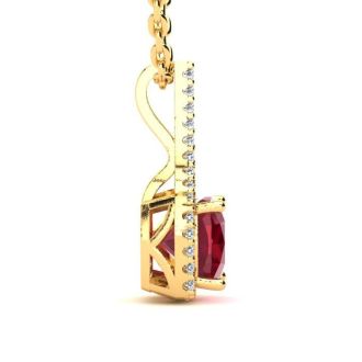 2 Carat Cushion Cut Ruby and Classic Halo Diamond Necklace In 14 Karat Yellow Gold, 18 Inches
