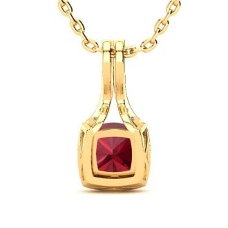 2 Carat Cushion Cut Ruby and Classic Halo Diamond Necklace In 14 Karat Yellow Gold, 18 Inches