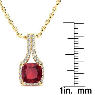 2 Carat Cushion Cut Ruby and Classic Halo Diamond Necklace In 14 Karat Yellow Gold, 18 Inches