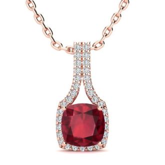 2 Carat Cushion Cut Ruby and Classic Halo Diamond Necklace In 14 Karat Rose Gold, 18 Inches