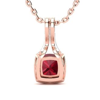 2 Carat Cushion Cut Ruby and Classic Halo Diamond Necklace In 14 Karat Rose Gold, 18 Inches