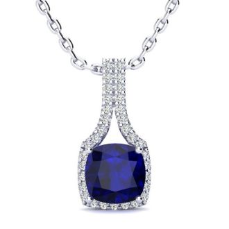 2 Carat Cushion Cut Sapphire and Classic Halo Diamond Necklace In 14 Karat White Gold, 18 Inches