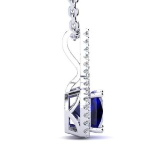 2 Carat Cushion Cut Sapphire and Classic Halo Diamond Necklace In 14 Karat White Gold, 18 Inches