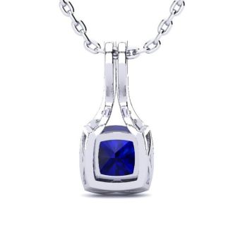 2 Carat Cushion Cut Sapphire and Classic Halo Diamond Necklace In 14 Karat White Gold, 18 Inches