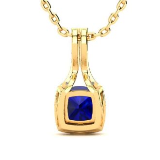 2 Carat Cushion Cut Sapphire and Classic Halo Diamond Necklace In 14 Karat Yellow Gold, 18 Inches