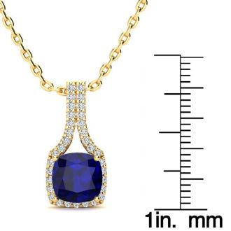 2 Carat Cushion Cut Sapphire and Classic Halo Diamond Necklace In 14 Karat Yellow Gold, 18 Inches