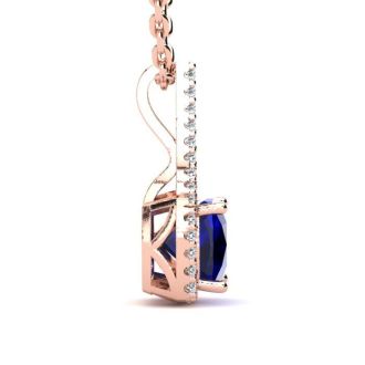 2 Carat Cushion Cut Sapphire and Classic Halo Diamond Necklace In 14 Karat Rose Gold, 18 Inches