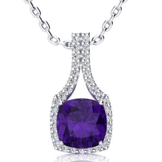 2 1/2 Carat Cushion Cut Amethyst and Classic Halo Diamond Necklace In 14 Karat White Gold, 18 Inches
