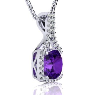 2 1/2 Carat Cushion Cut Amethyst and Classic Halo Diamond Necklace In 14 Karat White Gold, 18 Inches