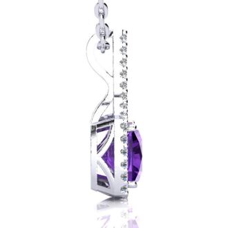 2 1/2 Carat Cushion Cut Amethyst and Classic Halo Diamond Necklace In 14 Karat White Gold, 18 Inches