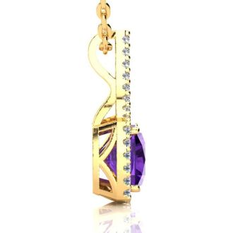 2 1/2 Carat Cushion Cut Amethyst and Classic Halo Diamond Necklace In 14 Karat Yellow Gold, 18 Inches