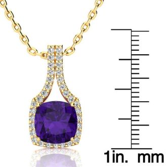 2 1/2 Carat Cushion Cut Amethyst and Classic Halo Diamond Necklace In 14 Karat Yellow Gold, 18 Inches